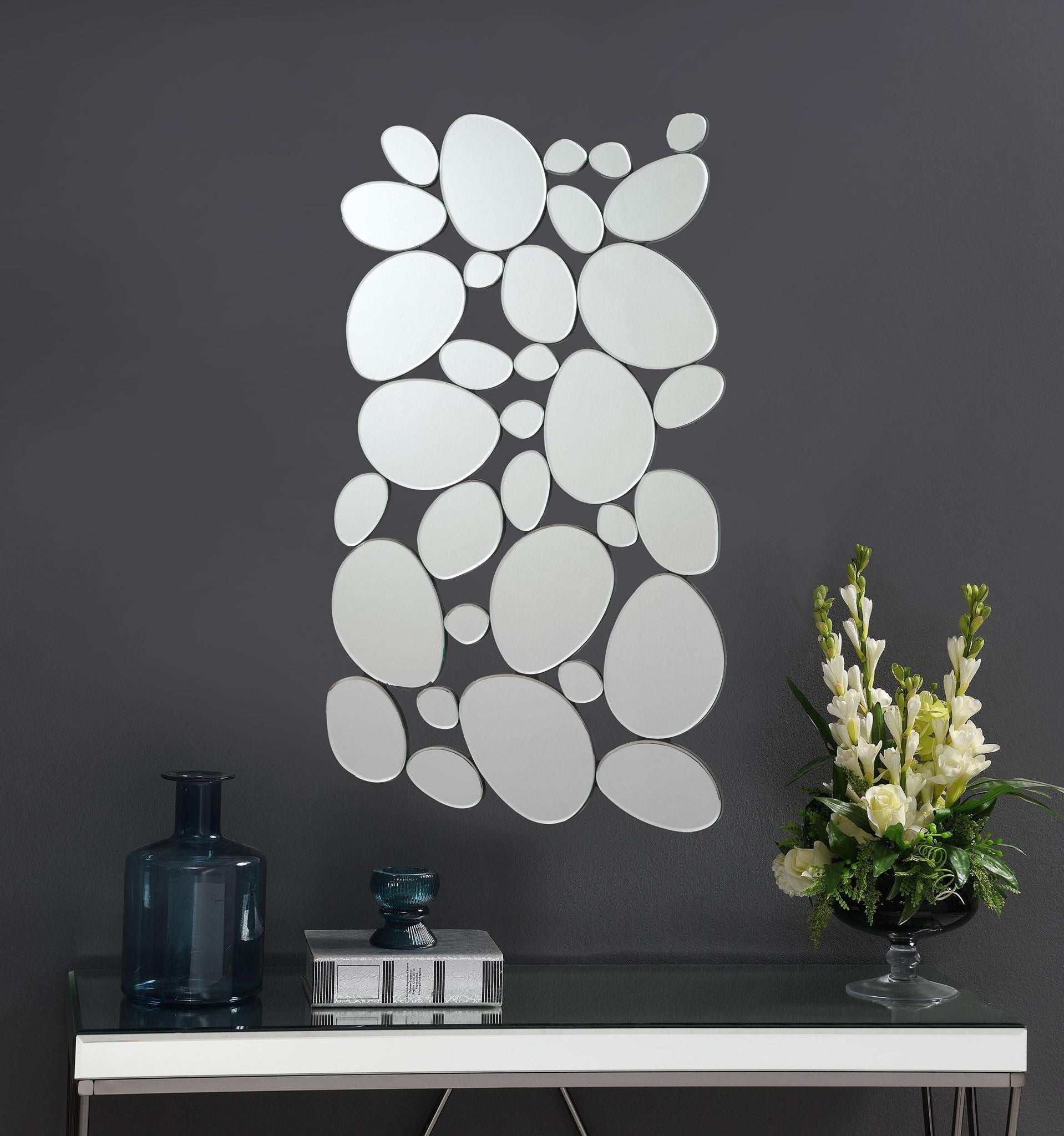 Topher 29 x 51 Inch Pebble Themed Wall Mirror Silver