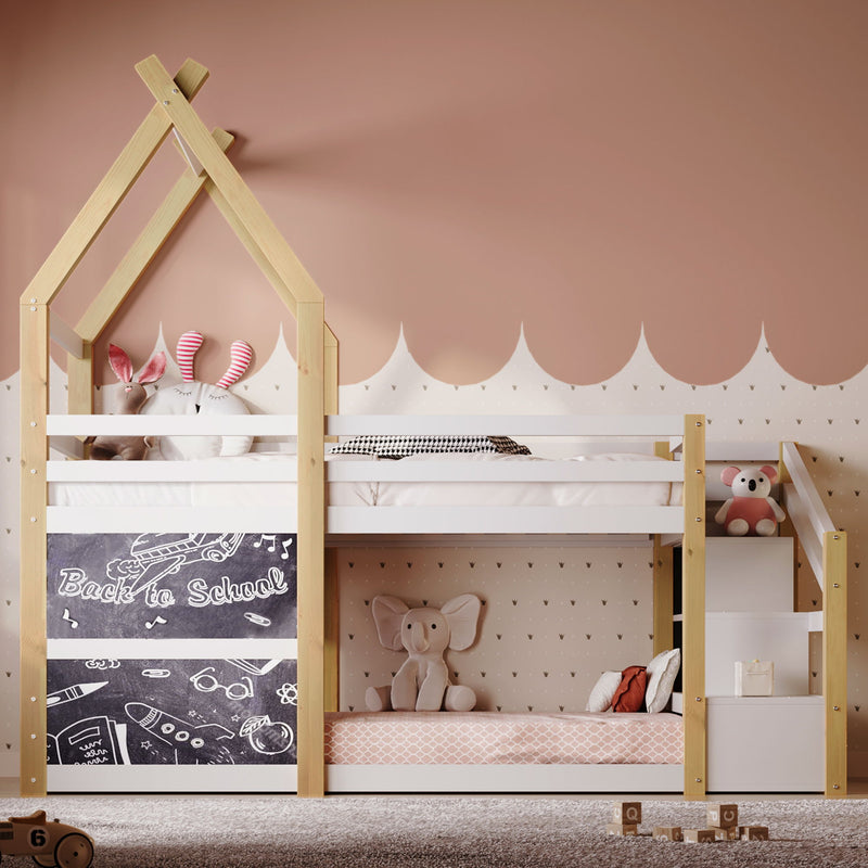 Twin Over Twin House Bunk Bed With White Storage Staircase And 2 Blackboards - White / Natural