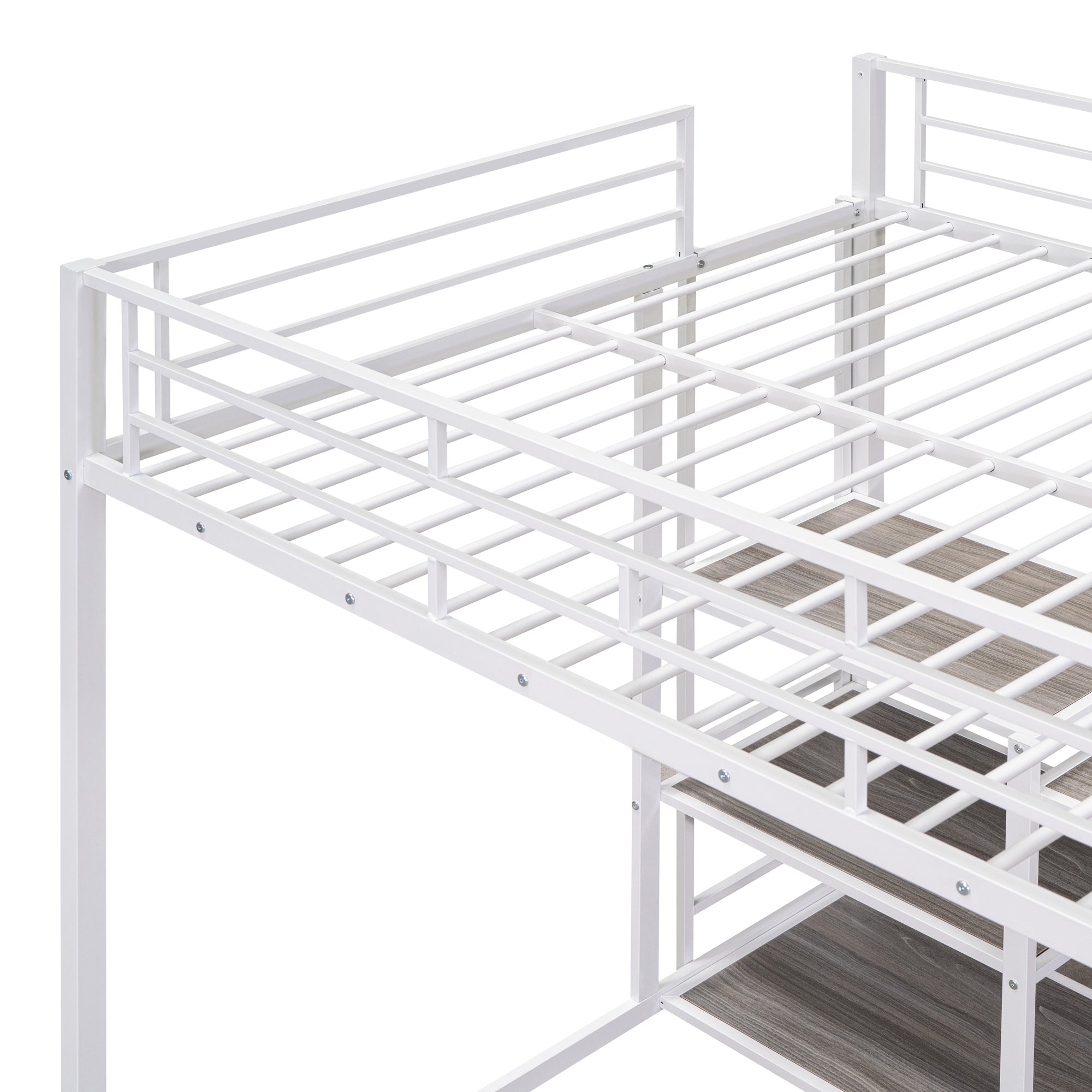 Full Size Loft Bed with Desk and Whiteboard, Metal Loft Bed with 3 Shelves and Ladder, White - Atlantic Fine Furniture Melbourne FL