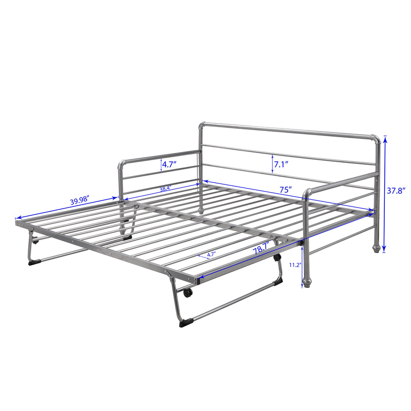 Twin Size Daybed with Adjustable Trundle, Pop Up Trundle, Silver