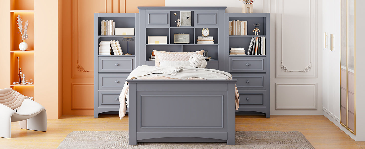 Twin Size Wood Platformbed with Vertical All-in-One Cabinet and 4 Drawers on each side, Gray - Atlantic Fine Furniture Melbourne FL