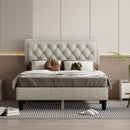 Queen size Panel Bed Frame with Adjustable Button-Tufted Headboard for Bedroom/Linen Upholstered/Wood Slat Support/Easy Assembly,Linen Beige