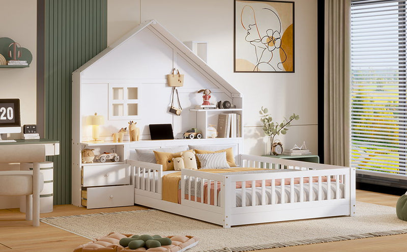 Full Size House Bed With Window And Bedside Drawers, Platform Bed With Shelves And A Set Of Sockets And USB Port - White