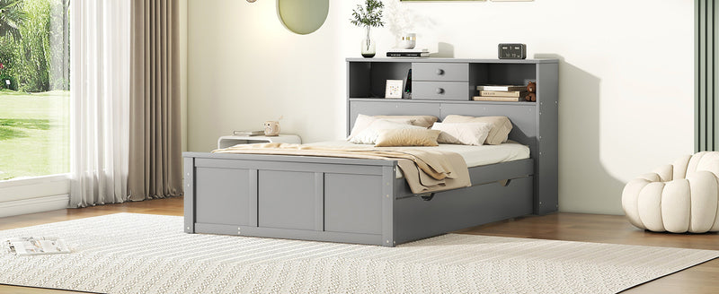 Full Size Wood Pltaform Bed with win Size Trundle, 3 Drawers, Upper Shelves and a set of USB Ports & Sockets, Gray