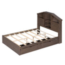 Full Size Wood Platform Bed with House-shaped Storage Headboard and 2 Drawers, Walnut