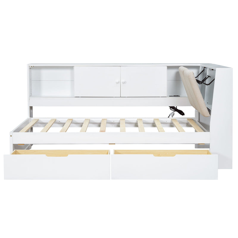 L-Shaped Daybed Corner Bed Under Bed Drawers With Storage Bookcase And Upholstered Headboard And USB Charging Ports