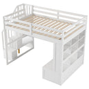 Full Size Loft Bed With Desk And Shelves, 2 Built In Drawers, Storage Staircase - White