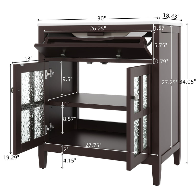 Bathroom Vanity With Ceramic Sink, Adjustable Shelf & Tip Out Tray