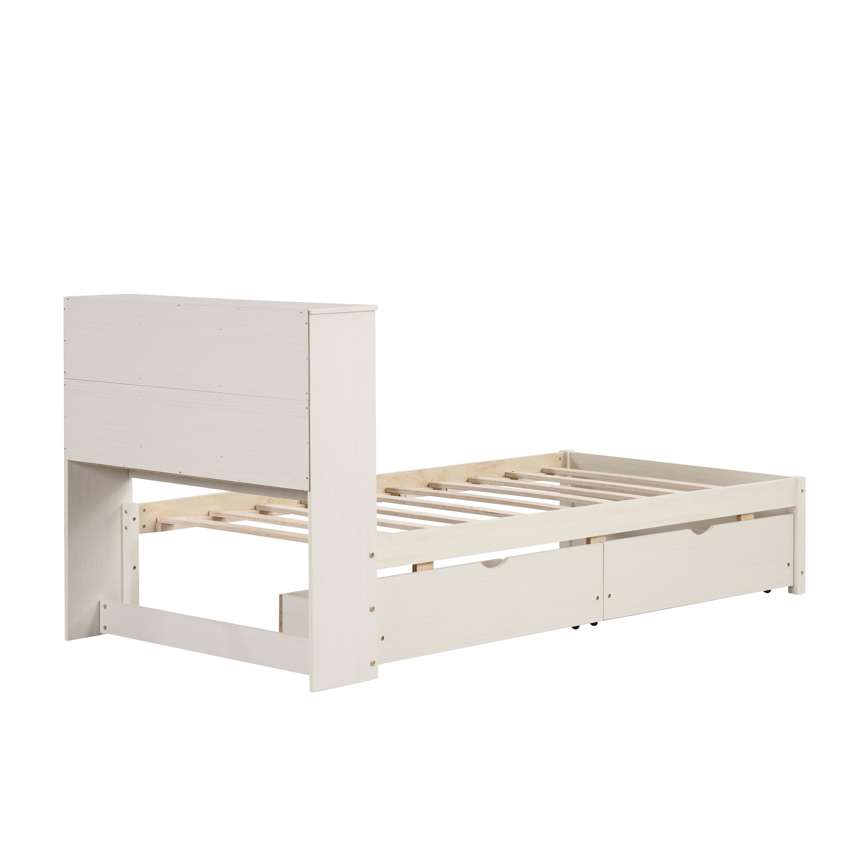 Modern Twin Size Bed Frame With Built-in USB Port on Bookcase Headboard and 2 Drawers for White Washed Color - Atlantic Fine Furniture Melbourne FL
