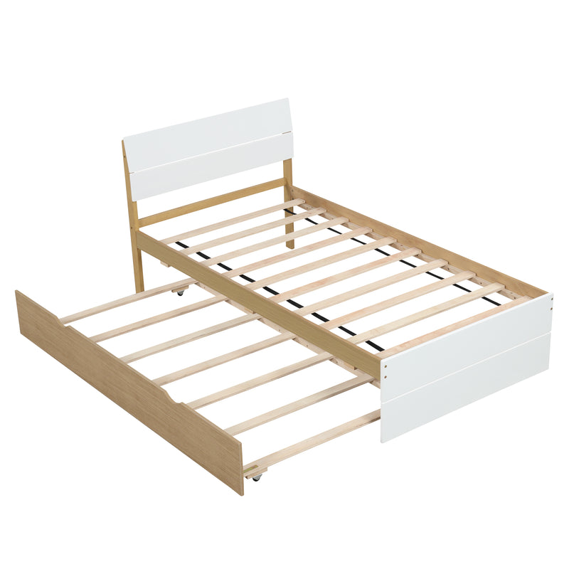 Modern Twin Bed Frame With Trundle For White High Gloss Headboard and Footboard With Light Oak Color