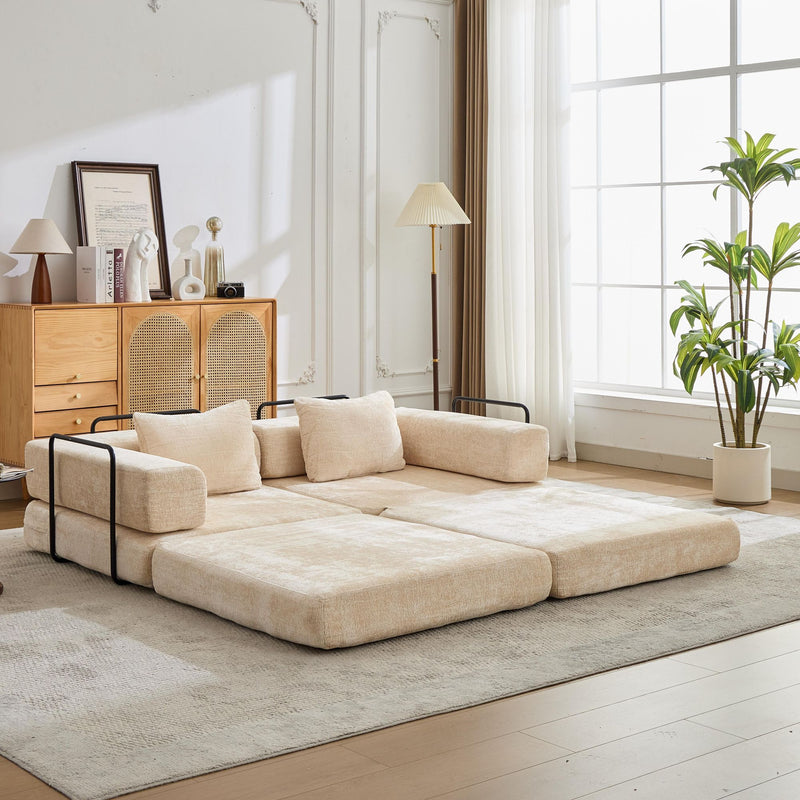 Convertible Floor Sofa Bed With Fixed Shape Frame, Loveseats Boneless Modular Sectional, For Living Room - Beige