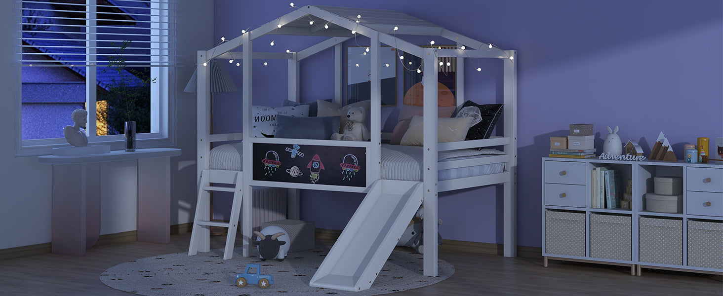Twin Size Loft Bed with Ladder and Slide, House Bed with Blackboard and Light Strip on the Roof, White