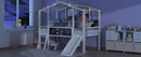 Twin Size Loft Bed with Ladder and Slide, House Bed with Blackboard and Light Strip on the Roof, White