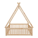 Full Tent-shaped Floor Bed, with Guardrails, Slats, Door ,Natural