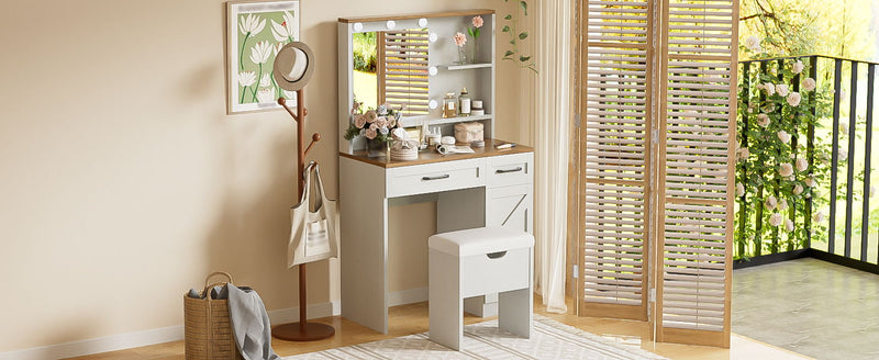 Farmhouse Makeup Vanity Desk With Mirror And Lights, 3 Lighting Modes, Vanity Set With Stool, Dressing Table With Adjustable Shelves, 2 Drawers And Side Cabinet For Bedroom - White