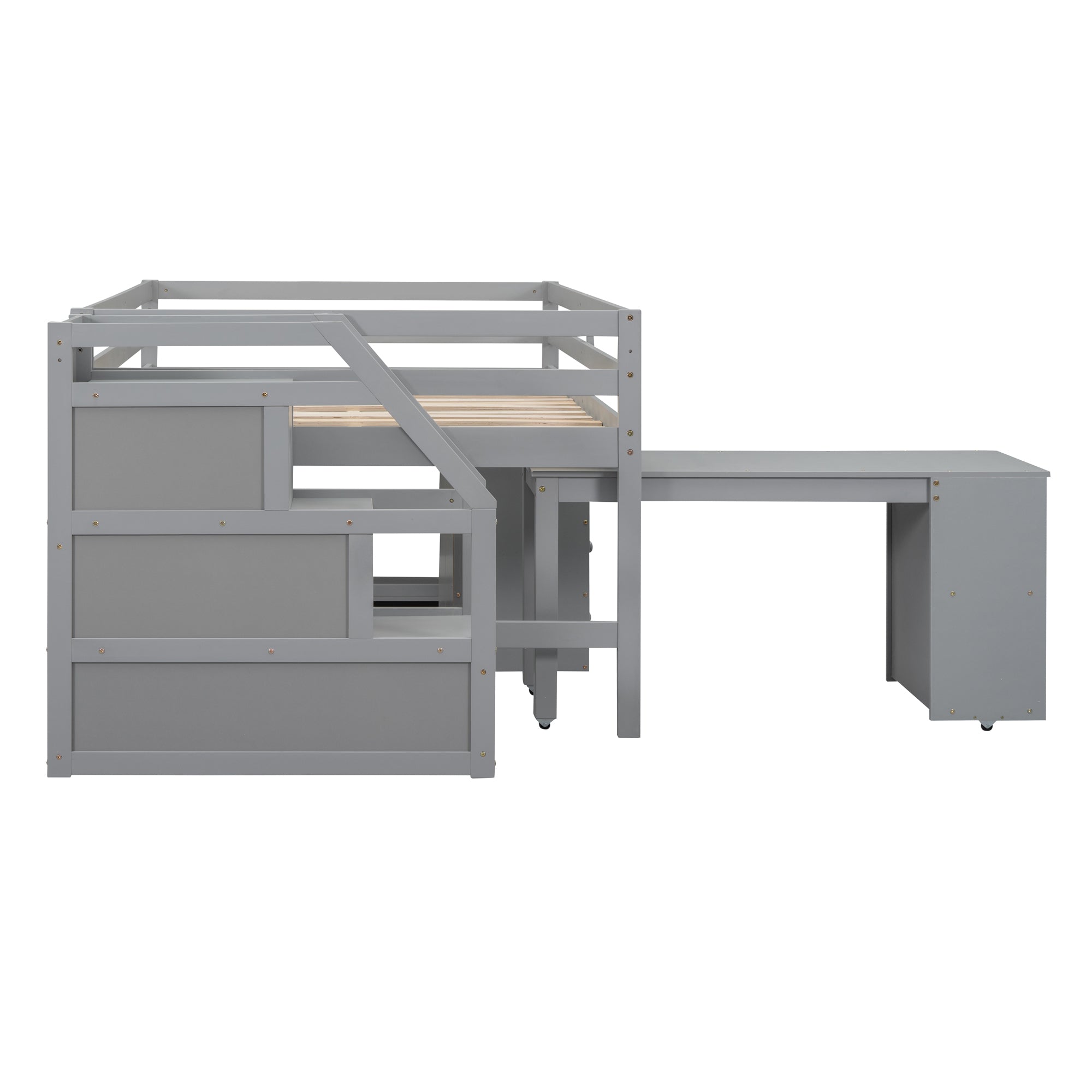 Full Size Loft Bed with Retractable Writing Desk and 3 Drawers, Wooden Loft Bed with Storage Stairs and Shelves, Gray - Atlantic Fine Furniture Melbourne FL