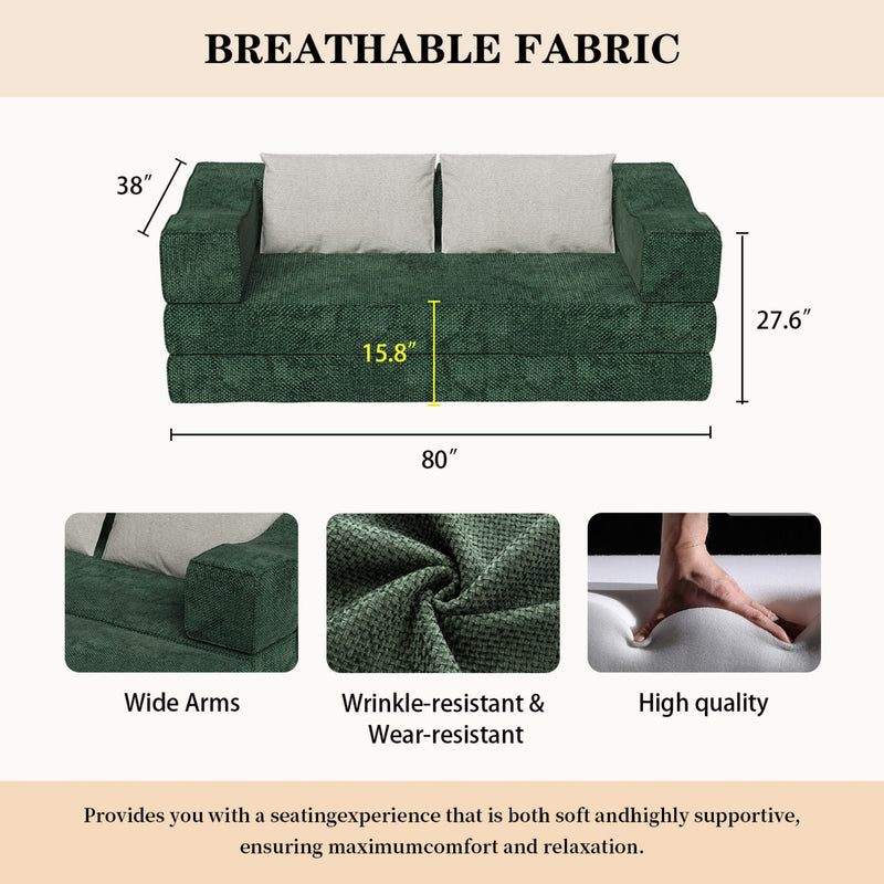 Convertible Couch Bed With 2 Pillows, 3 Seat Folding Floor Couch & King Size Bed Mattress, Diy Combination - Green