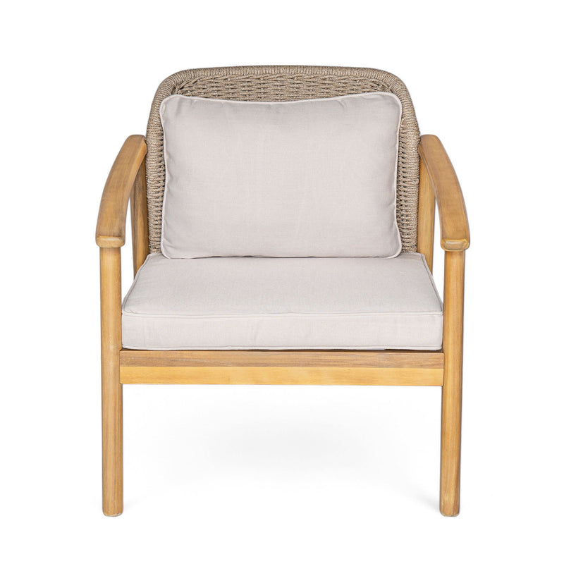 2 Piece Outdoor Acacia Wood Patio Club Chair, Patio Furniture Arm Chair With Woven Rope Backrest, Deep Seating For Porch - Light Teak / Beige