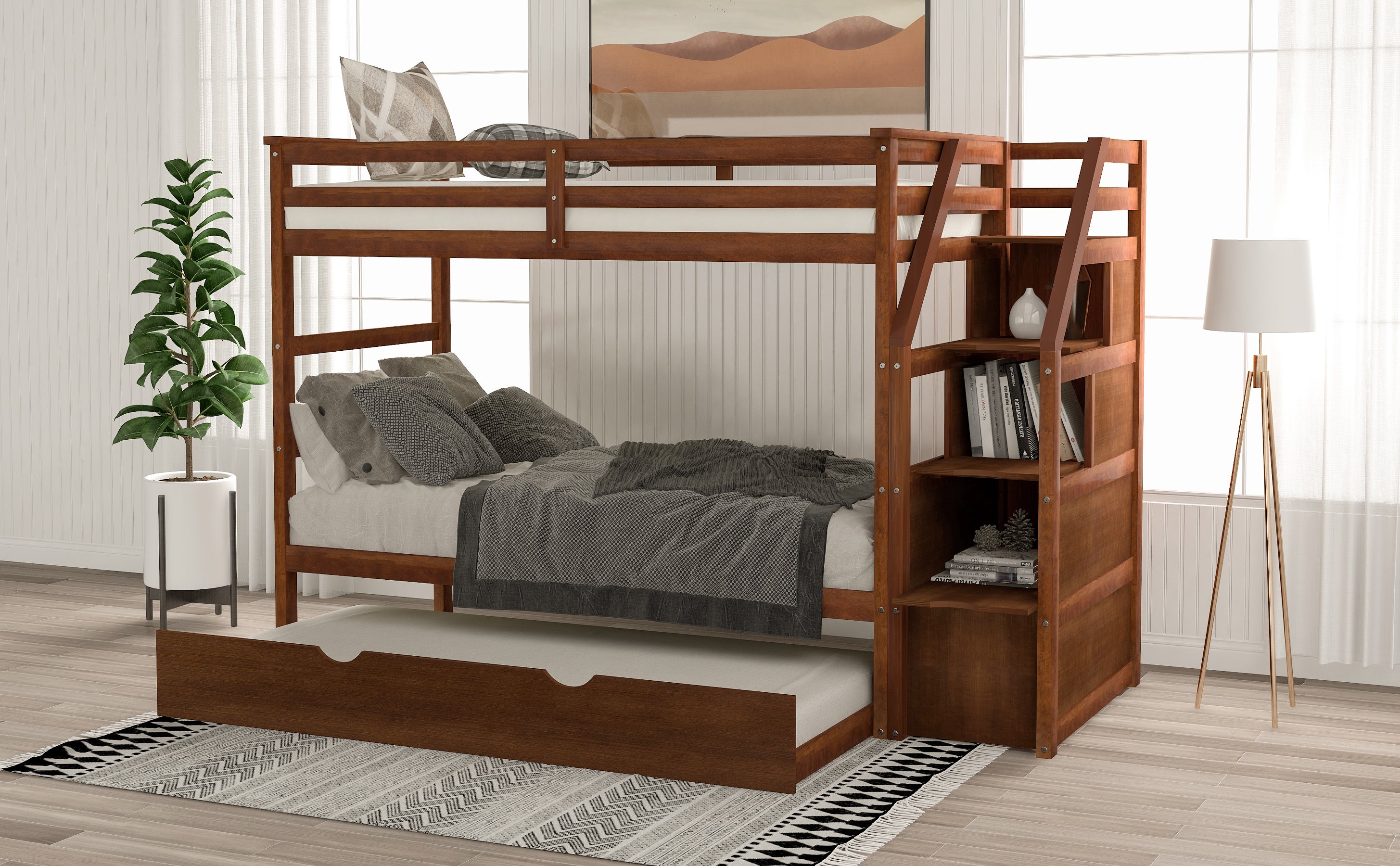 Twin-Over-Twin Bunk Bed with Twin Size Trundle and 3 Storage Stairs,Walnut (OLD SKU :LP000064AAD) - Atlantic Fine Furniture Melbourne FL