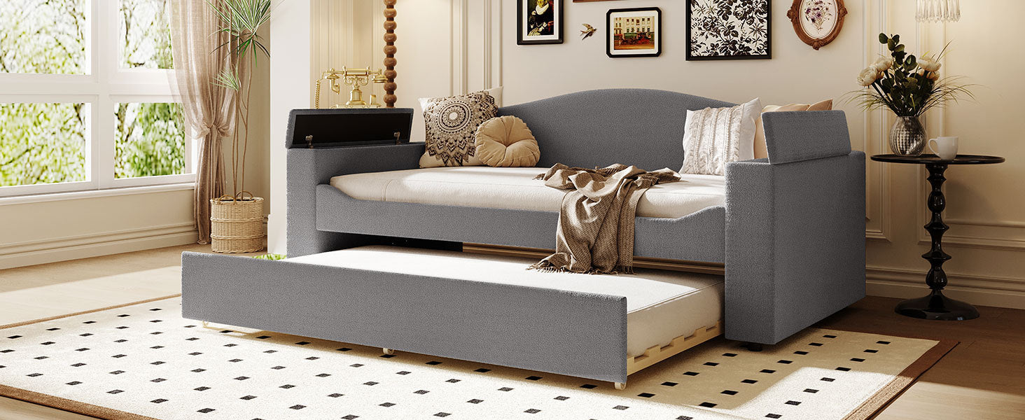 Twin Size Upholstered Daybed with Storage Armrests, Trundle and Latest Integrated Bluetooth Audio System, Teddy Fleece, Gray - Atlantic Fine Furniture Melbourne FL