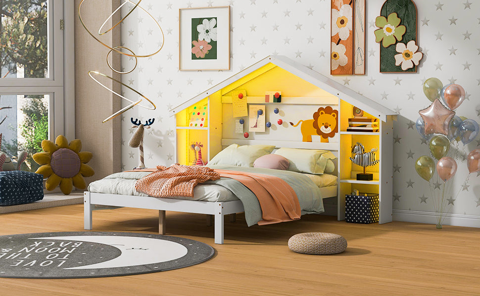 Wood Full Size Platform Bed with House-shaped Storage Headboard and Built-in LED, White - Atlantic Fine Furniture Melbourne FL