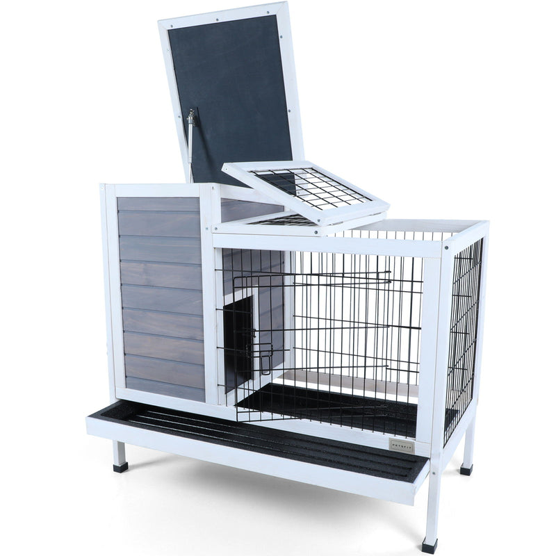 Two Tier Wooden Indoor / Outdoor Rabbit Cage For Small Animals With Runway And Leak-Proof Plastic Tray