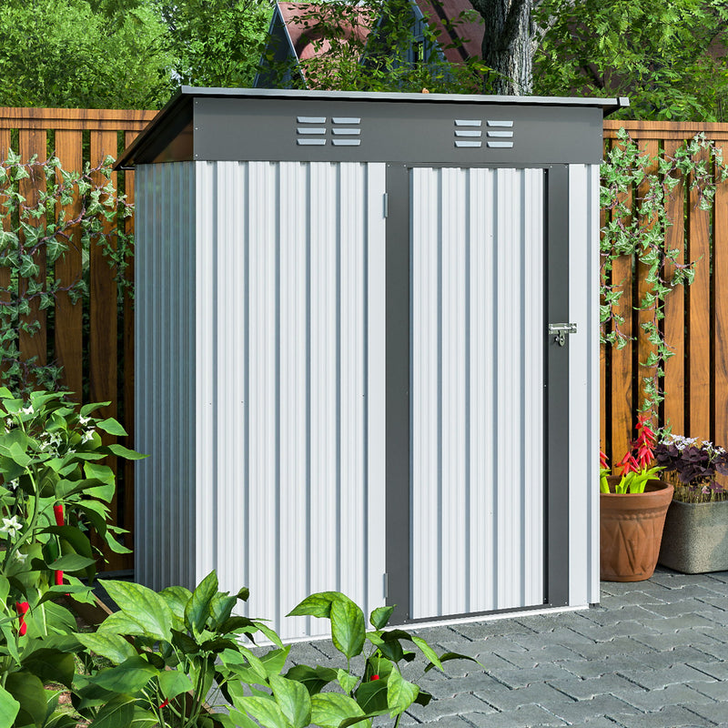 Outdoor Storage Shed, Galvanized Metal Garden Shed With Lockable Doors, Tool Storage Shed For Patio Lawn Backyard Trash Cans - White