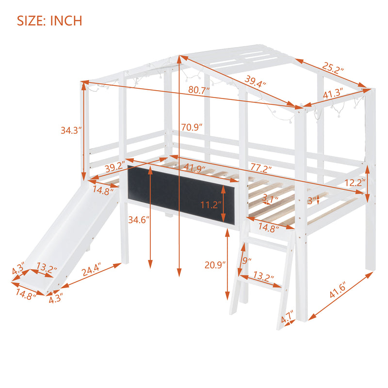 Twin Size Loft Bed with Ladder and Slide, House Bed with Blackboard and Light Strip on the Roof, White