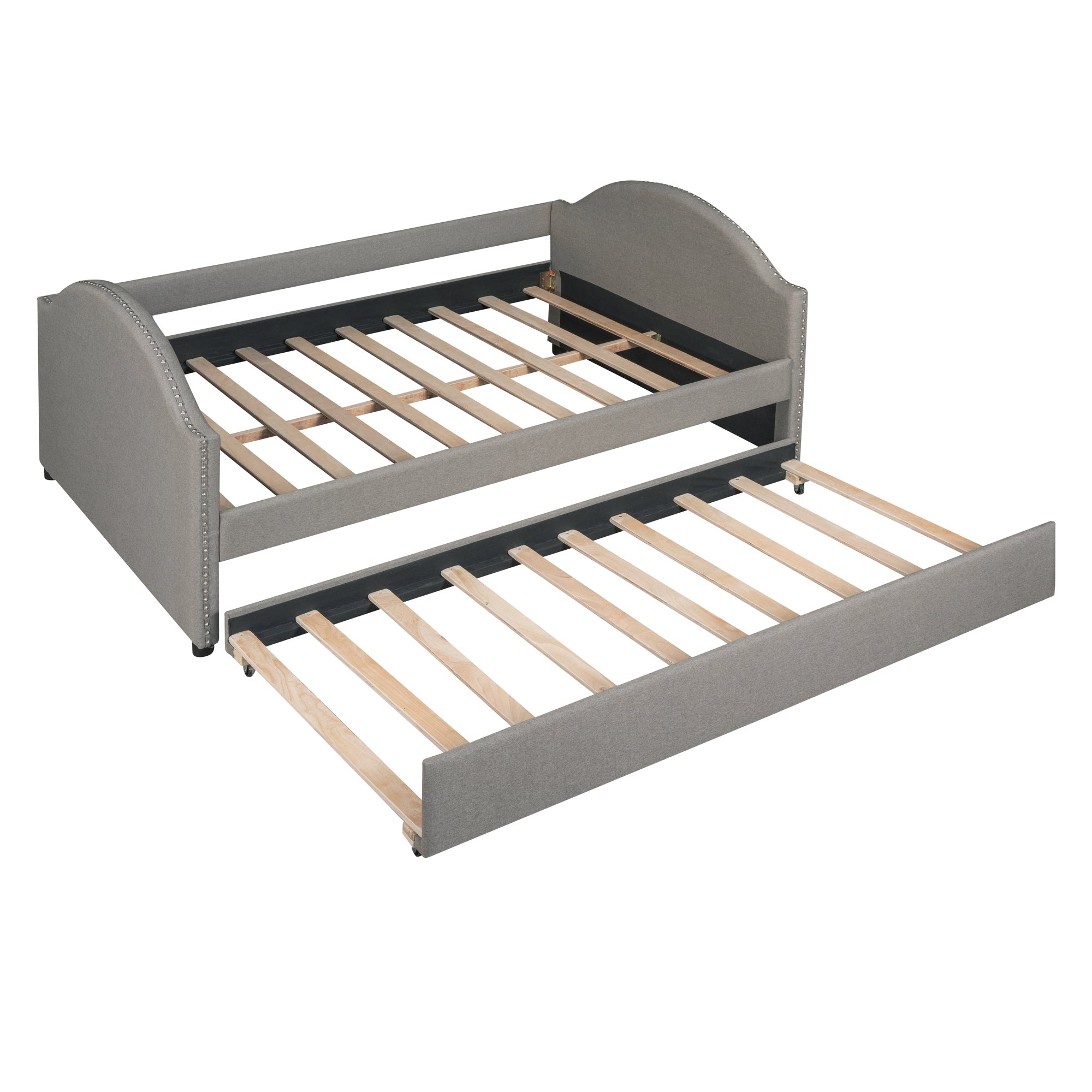 Full size Upholstered Daybed with Twin Size Trundle, Wood Slat Support, Gray(OLD SKU :LP000118AAE)