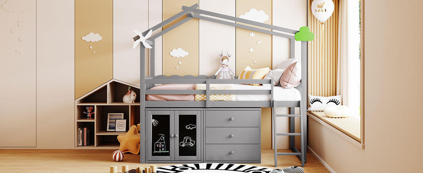 Twin Size House Bed With Cabinet and Drawers, Gray - Atlantic Fine Furniture Melbourne FL