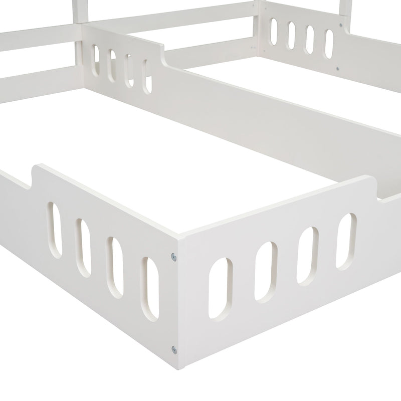 Twin Size Platform Bed With Shared Design, Guardrails, And Built In Shelves - Creamy White