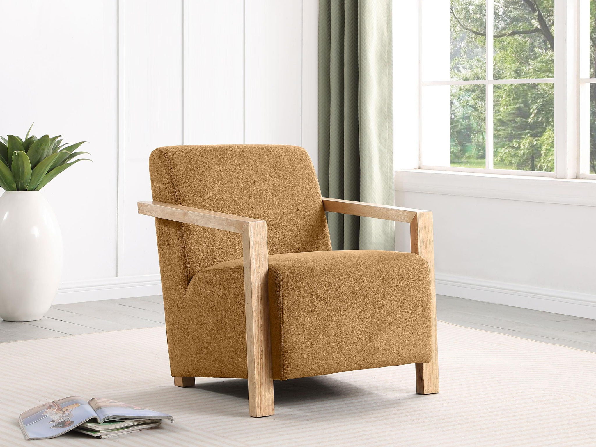 Diego Upholstered Accent Arm Chair with Wood Arms Honey - Atlantic Fine Furniture Melbourne FL