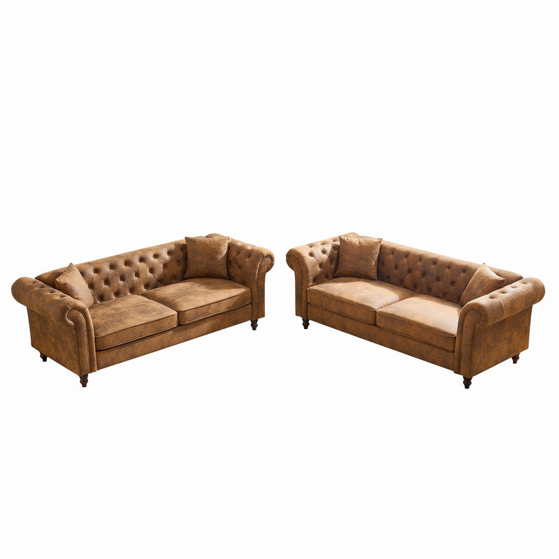 Chesterfield 3 And 3 Seater Sofa Set High Tech Fabric Roll Armrest Upholstered Couch