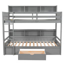 Twin Size Bunk Bed with Built-in Shelves Beside both Upper and Down Bed and Storage Drawer,Gray
