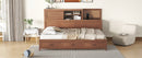 Full Size Wooden Daybed with 3 Storage Drawers, Upper Soft Board, shelf, and a set of Sockets and USB Ports, Brown