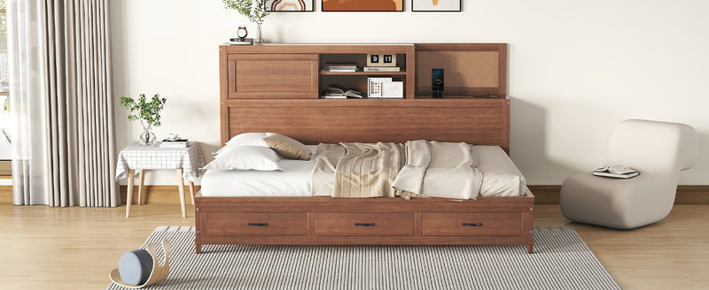 Full Size Wooden Daybed with 3 Storage Drawers, Upper Soft Board, shelf, and a set of Sockets and USB Ports, Brown