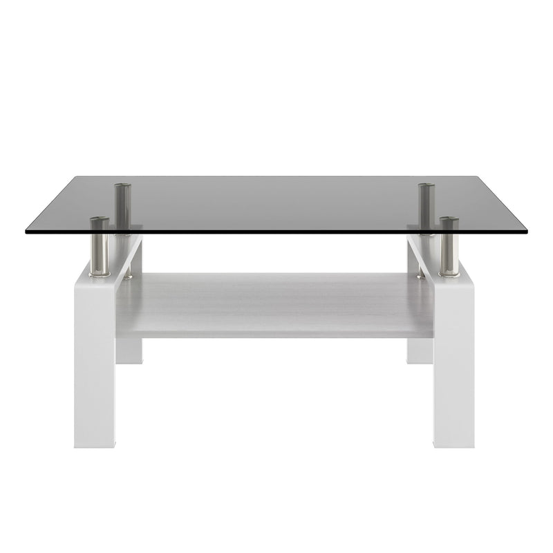 Modern Rectangular Coffee Table With Tempered Transparent Glass Top And Storage Shelf