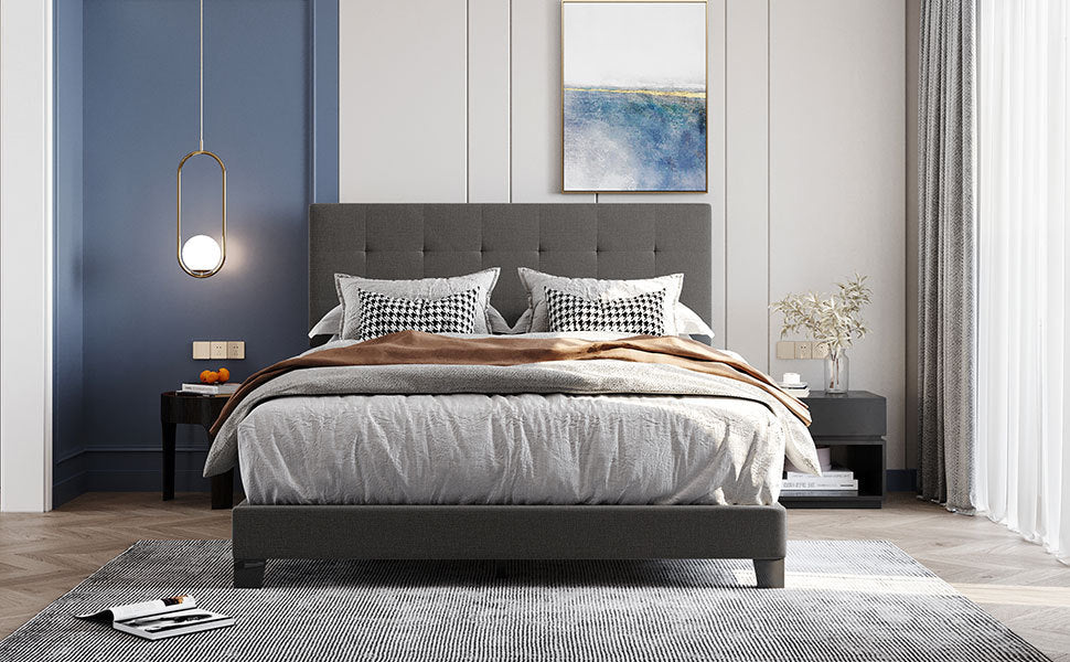 Upholstered Platform Bed with Tufted Headboard, Box Spring Needed, Gray Linen Fabric, Queen Size - Atlantic Fine Furniture Melbourne FL