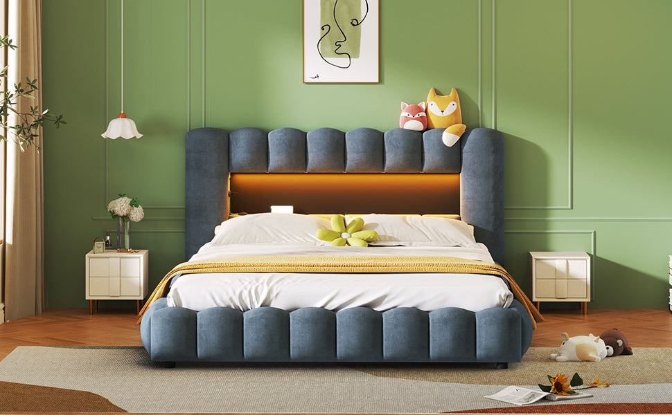 Queen Size Upholstered Platform Bed with LED Headboard and USB, Deep Blue - Atlantic Fine Furniture Melbourne FL