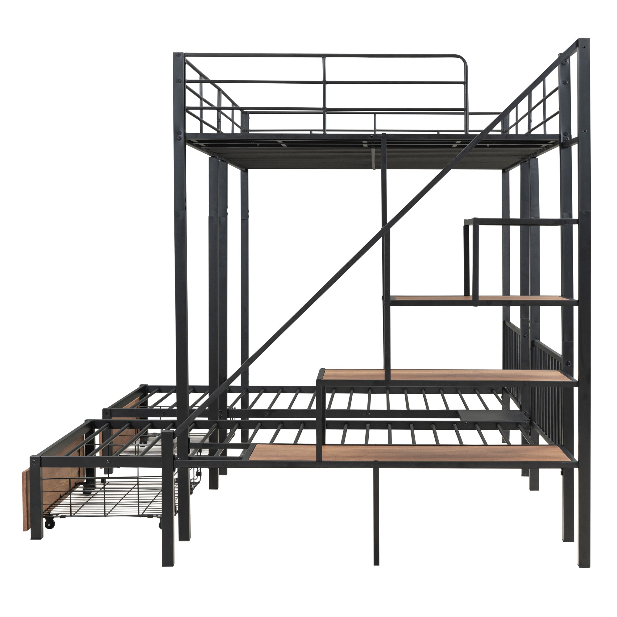Full over Twin-Twin Triple bunk bed with drawers and staircase, Black - Atlantic Fine Furniture Melbourne FL