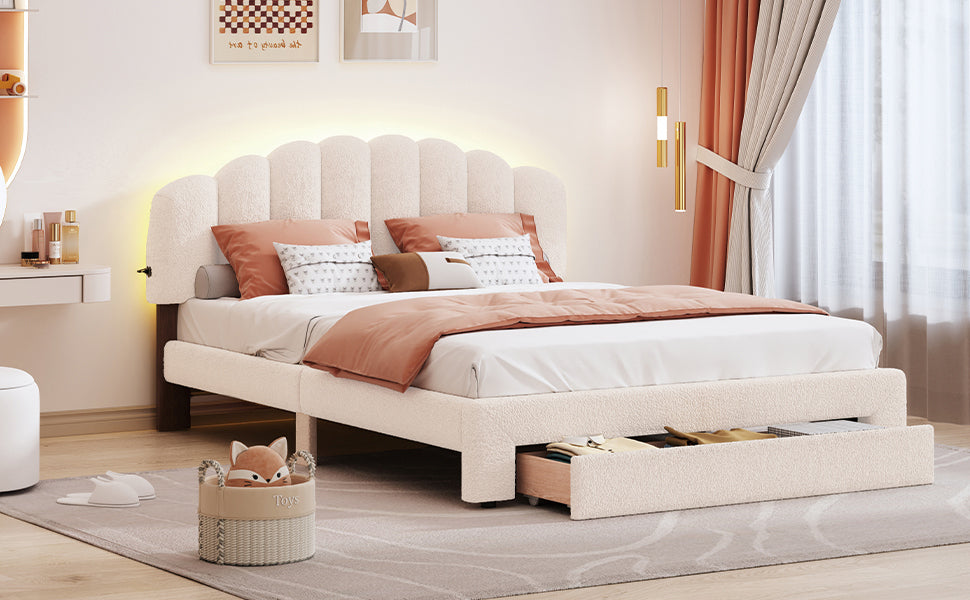 Teddy Fleece Queen Size Upholstered Platform Bed with Drawer, Beige - Atlantic Fine Furniture Melbourne FL