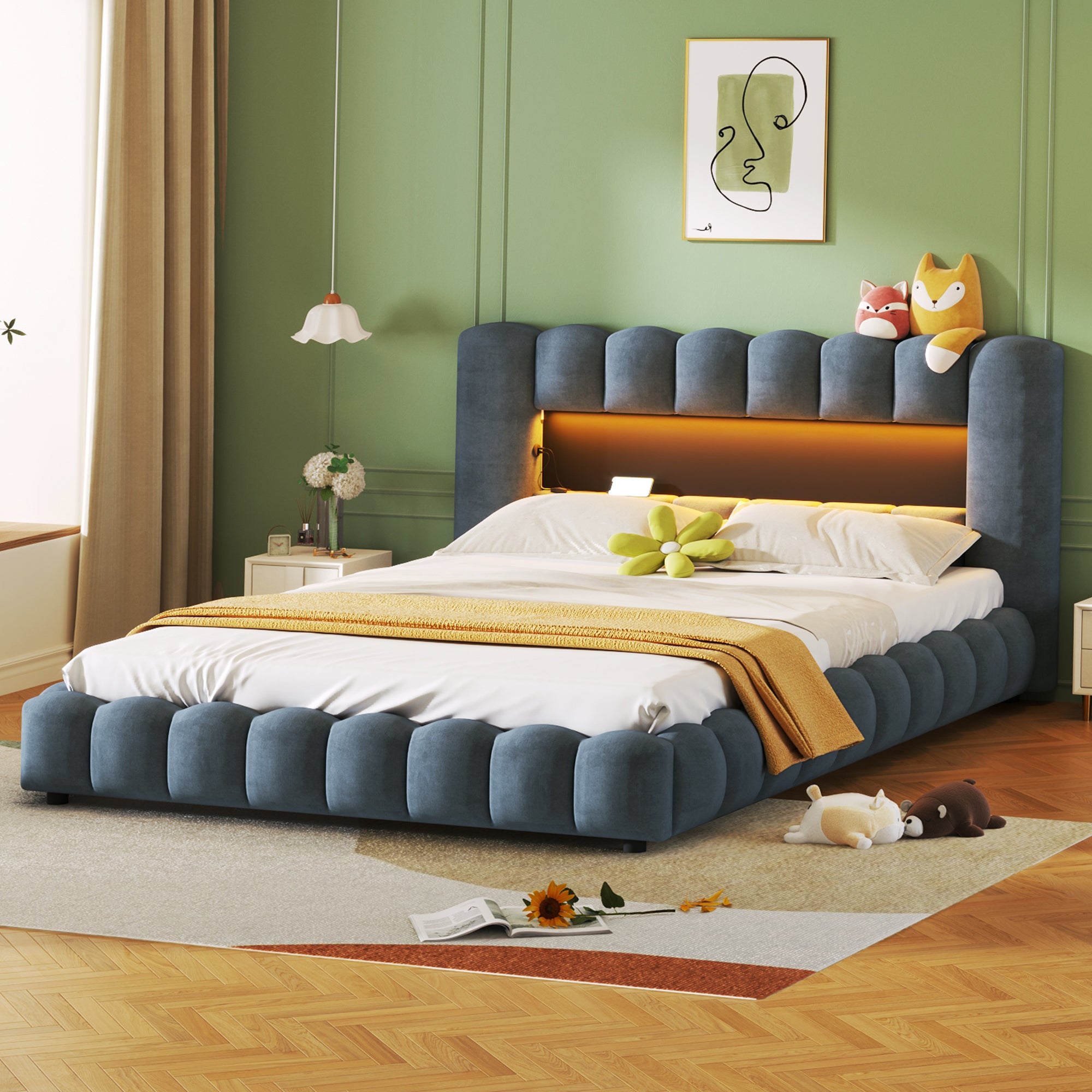 Queen Size Upholstered Platform Bed with LED Headboard and USB, Deep Blue - Atlantic Fine Furniture Melbourne FL