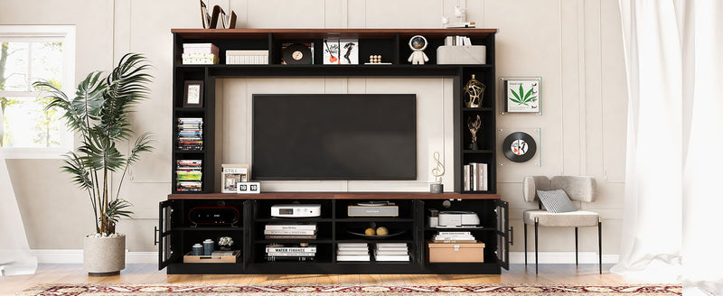 Wall Unit Entertainment Center With Bookshelves For TVs Up To 80", Tempered Glass Doors And Adjustable Shelves