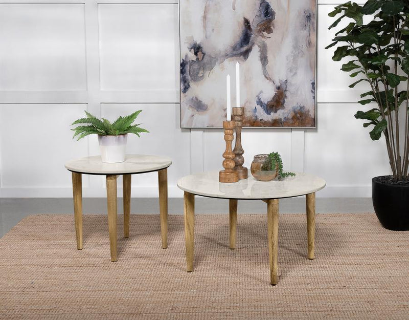 Aldis - Round Marble Top Side End Table - White And Natural