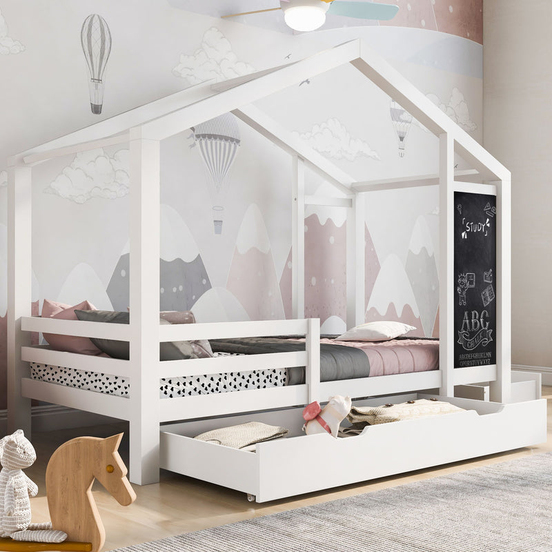 Twin House Bed With Blackboard And Drawers, 2 Assembly Options - White