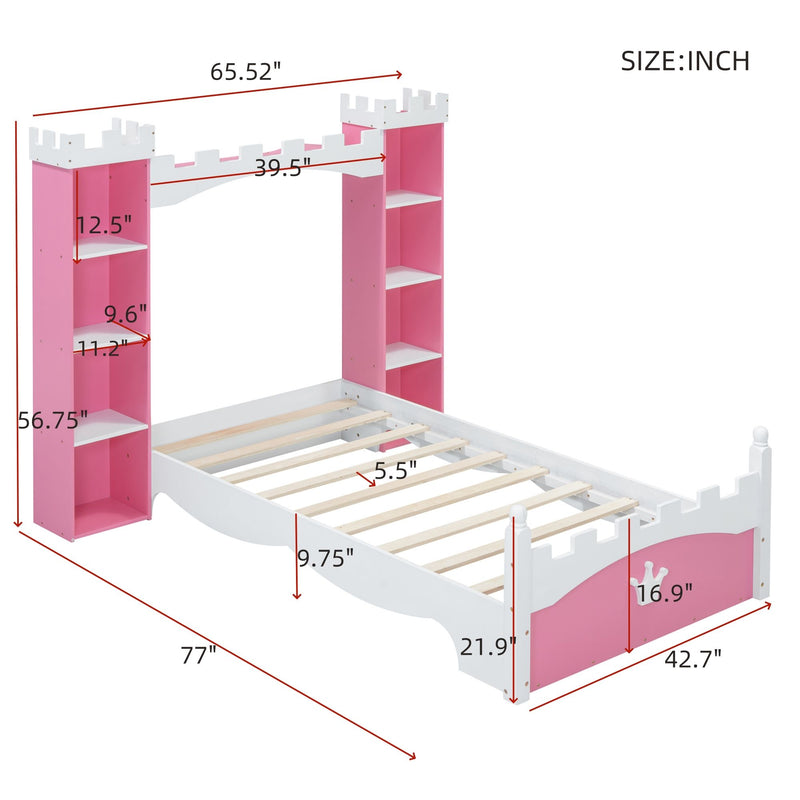 Castle Shaped Bed With Storage Shelf, Dreamy Platform Bed For Kids Bedroom