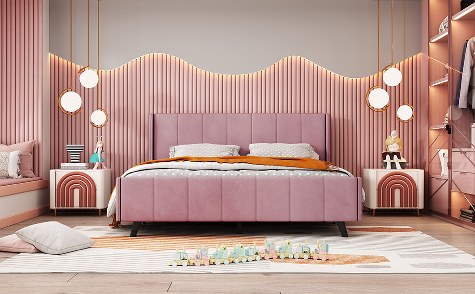 Queen Size Upholstered Platform Bed, Velvet, Pink - Atlantic Fine Furniture Melbourne FL