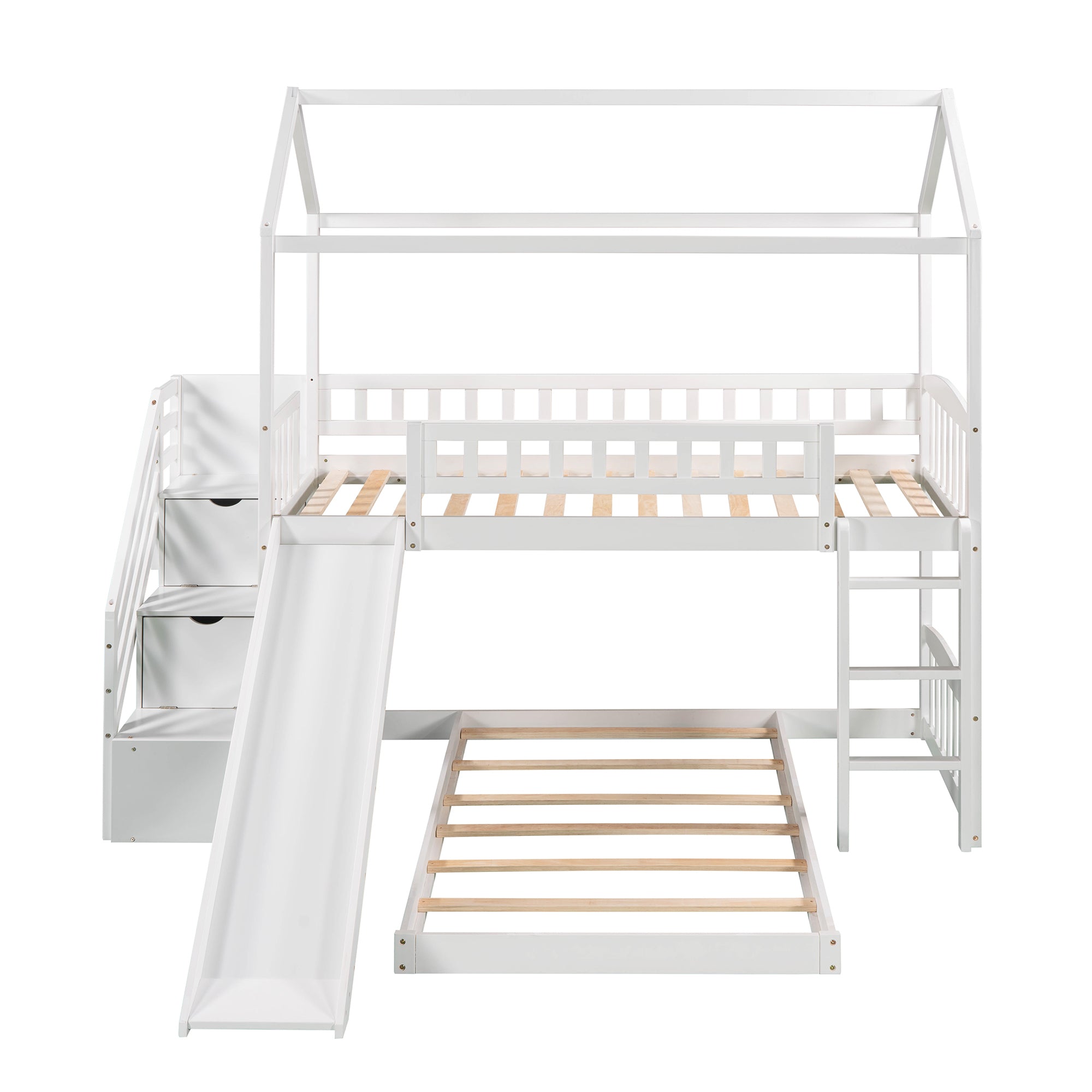 Twin Over Twin Bunk Bed with Two Drawers and Slide, House Bed with Slide, White(OLD SKU :LP000129AAK) - Atlantic Fine Furniture Melbourne FL