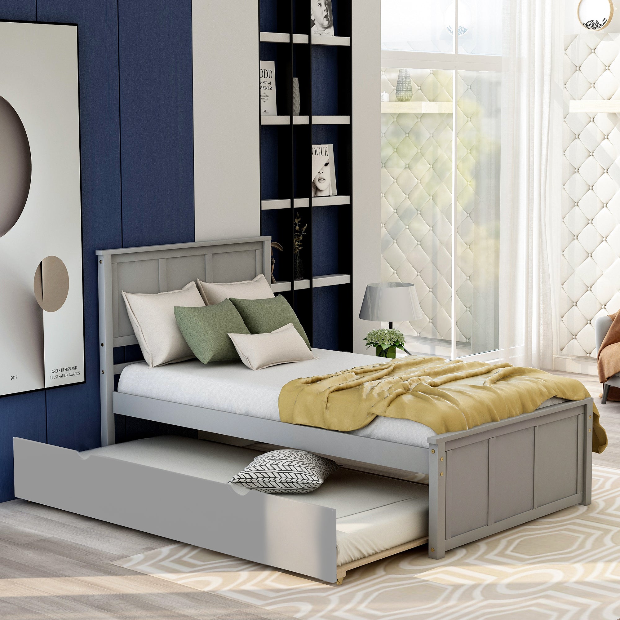 Platform Bed with Twin Size Trundle, Twin Size Frame, Gray - Atlantic Fine Furniture Melbourne FL