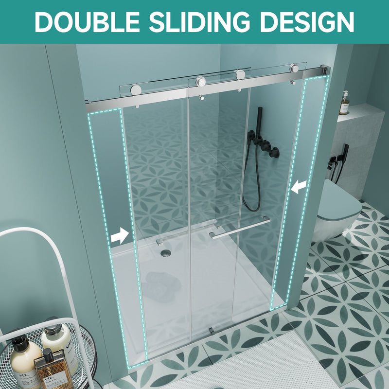 Frameless Double Sliding Soft Close Bathtub Shower Door, 5 / 16" Clear Nano Coated Tempered Glass And 304 Stainless Steel Handle - Brushed Nickel